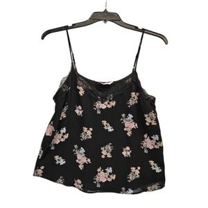 SO Top Juniors Large Black Pink Lace Inset Cami Floral Chiffon Shirt Sleeveless‎